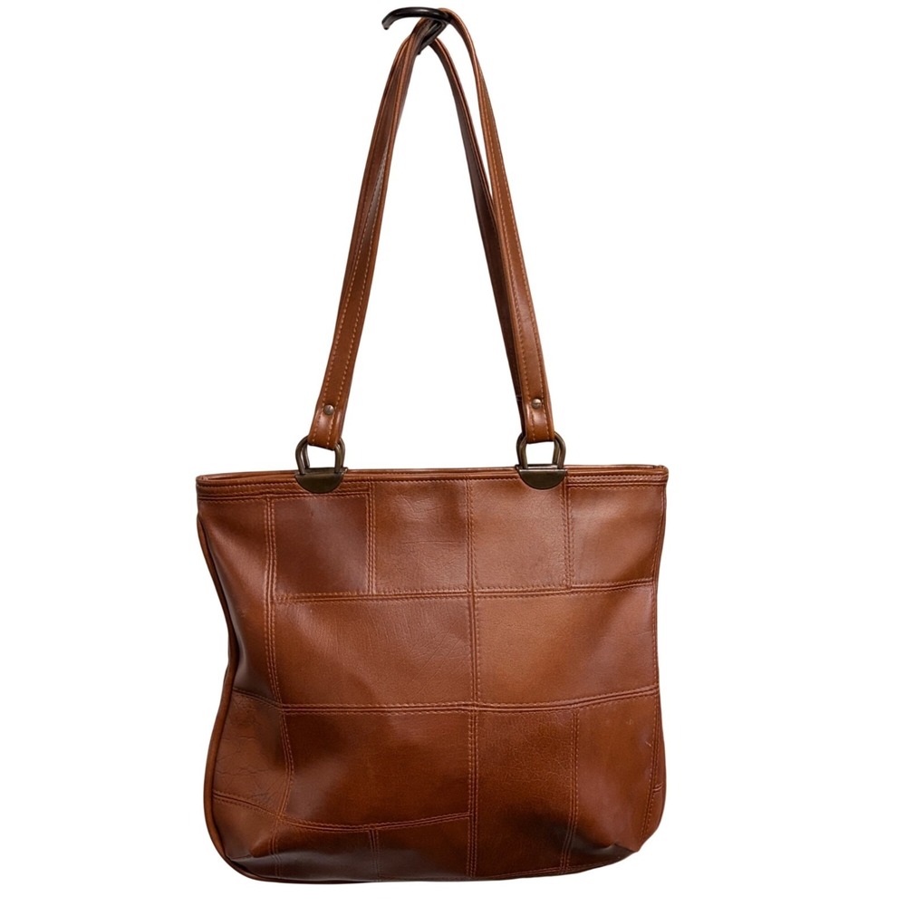 Vintage Patchwork Vegan Leather Tote Purse Bag Tan Retro Minimalist Boho
